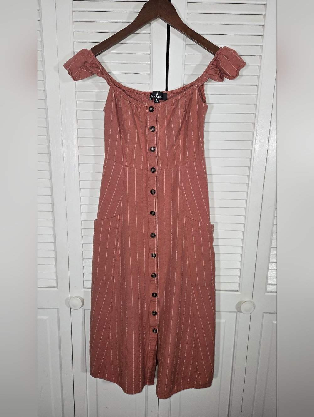 Lulus Shady Spot Rusty Rose Striped Off The Shoulder Midi Smocked Sundress Sz S
